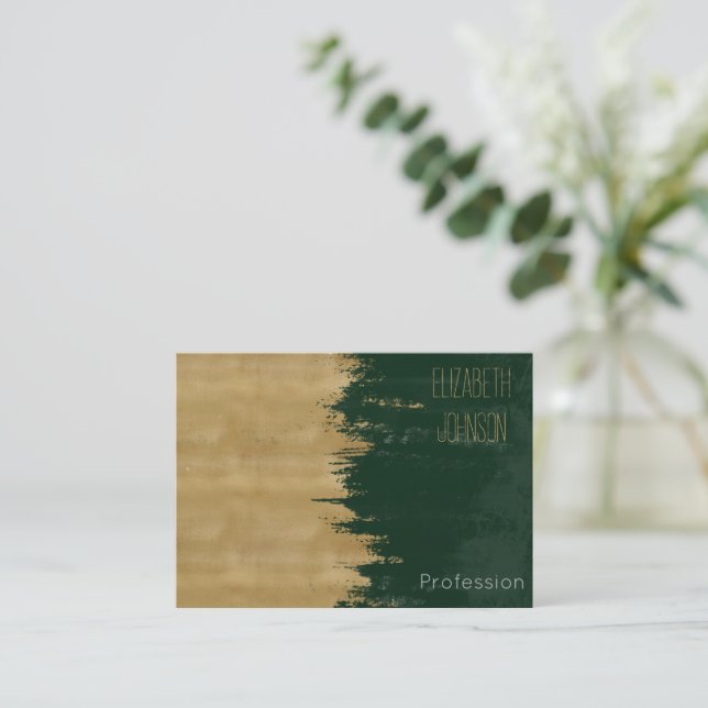 Modern Gold Green Brushstrokes Abstract Painting Business Card (Standing Front)