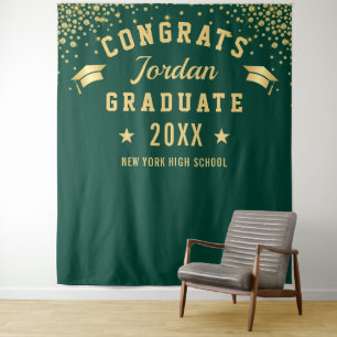 Modern Gold Green Graduation Photo Booth Backdrop Tapestry