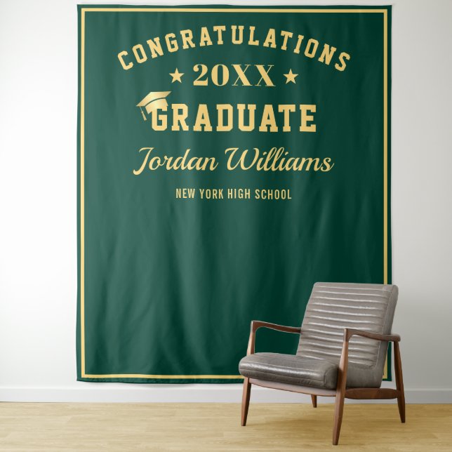 Modern Gold Green Graduation Photo Booth Backdrop Tapestry (In Situ)