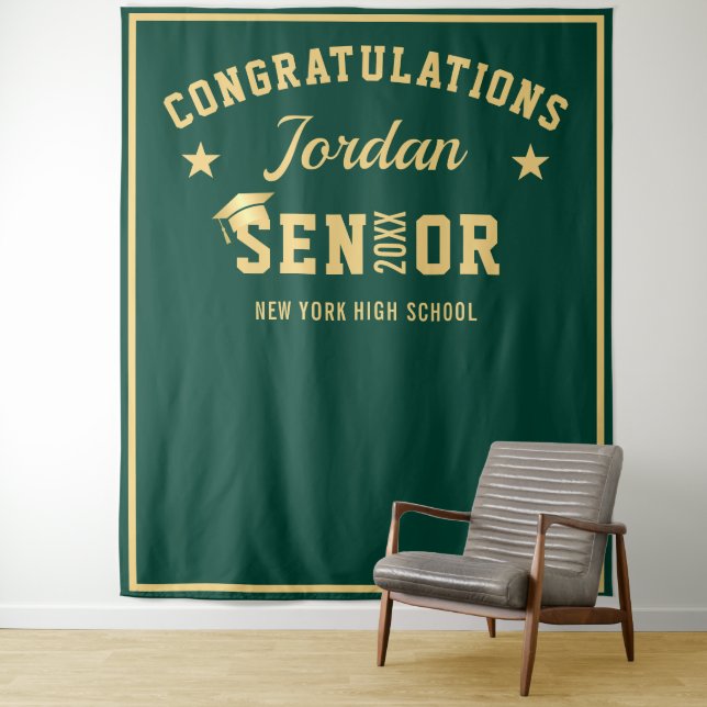 Modern Gold Green Graduation Photo Booth Backdrop Tapestry (In Situ)