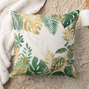 Modern Gold Green Tropical Leaves  Throw Pillow