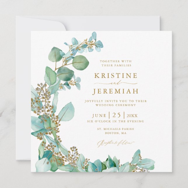 Modern Gold Greenery Eucalyptus Watercolor Wedding Invitation (Front)