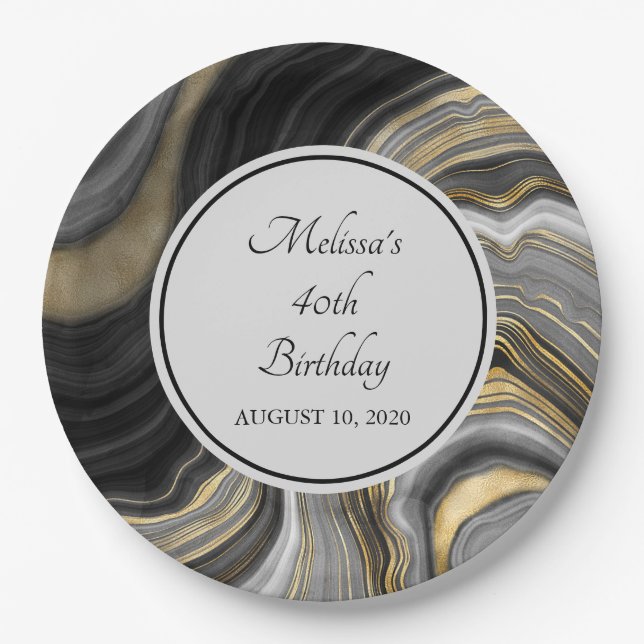 Modern Gold & Grey Agate Geode Gemstone Birthday Paper Plate (Front)