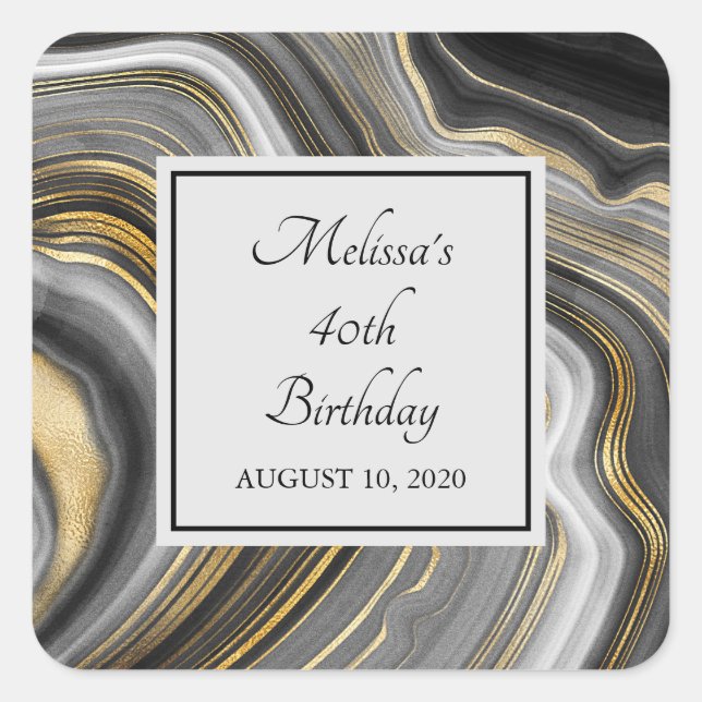 Modern Gold & Grey Agate Geode Gemstone Birthday Square Sticker (Front)