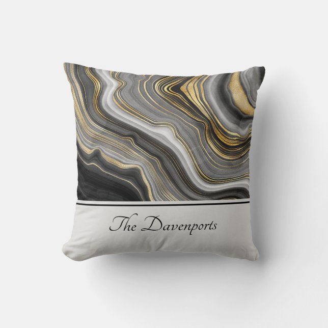Modern Gold & Grey Agate Geode Gemstone Throw Pillow (Front)
