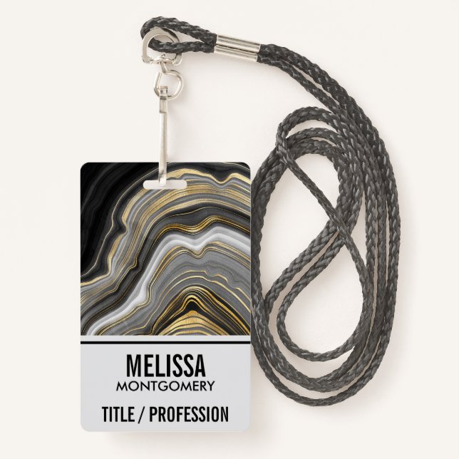 Modern Gold & Grey Agate Geode Mineral Monogram Badge (Front with Lanyard)