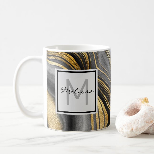 Modern Gold & Grey Agate Geode Mineral Monogram Coffee Mug (With Donut)