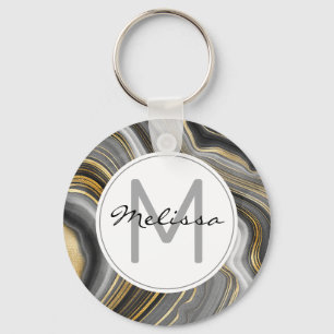 Modern Gold & Grey Agate Geode Mineral Monogram Keychain