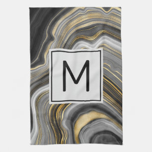 Modern Gold & Grey Agate Geode Mineral Monogram Kitchen Towel