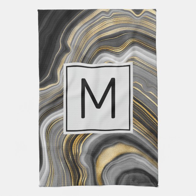 Modern Gold & Grey Agate Geode Mineral Monogram Kitchen Towel (Vertical)