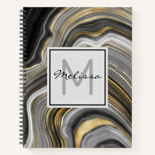Modern Gold & Grey Agate Geode Mineral Monogram Notebook