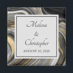 Modern Gold & Grey Agate Geode Mineral Wedding Magnet<br><div class="desc">A wedding magnet with an abstract design with an agate geode mineral pattern. Gold,  grey,  white,  and black swirl together forming elegant waves of colour. 
A light grey square with a thin black border layered over top with your text inside.
Perfect for conveying an air of class and elegance.</div>