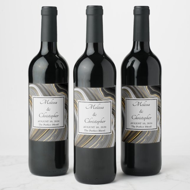 Modern Gold & Grey Agate Geode Mineral Wedding Wine Label (Bottles)