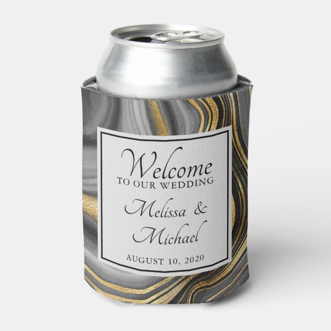 Modern Gold & Grey Agate Geode Wedding Can Cooler (Can Front)