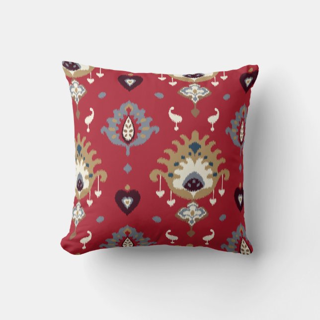 Modern gold grey red girly ikat tribal pattern throw pillow (Front)