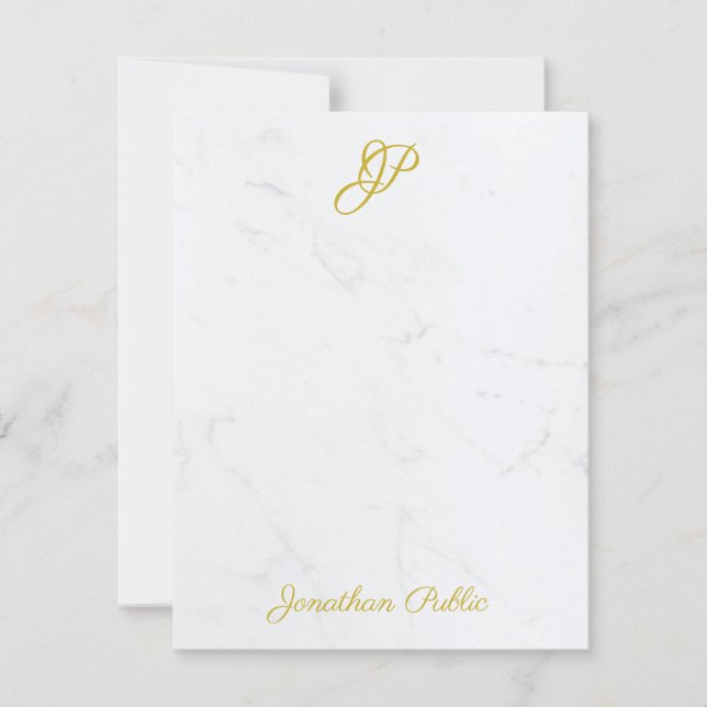 Modern Gold Hand Script Monogram Elegant Marble Card (Front)