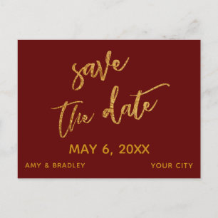 Modern Gold Handwriting Burgundy Save the Date Announcement Postcard