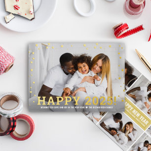 Modern Gold Happy New Year 2026 Photo Collage Foil Holiday Card