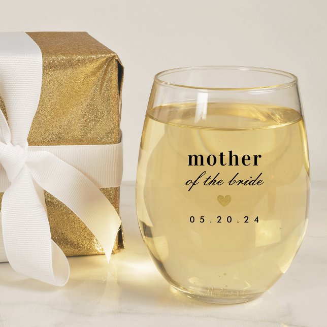 Modern Gold Heart Mother of the Bride Gift Stemless Wine Glass (Creator Uploaded)
