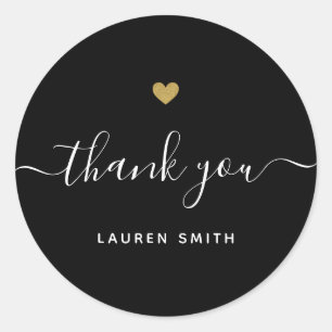 Modern Gold Heart Personalized Thank You Black Classic Round Sticker