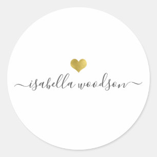 Modern Gold Heart Script Name  Classic Round Sticker