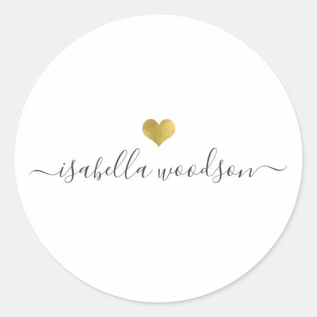Modern Gold Heart Script Name  Classic Round Sticker (Front)