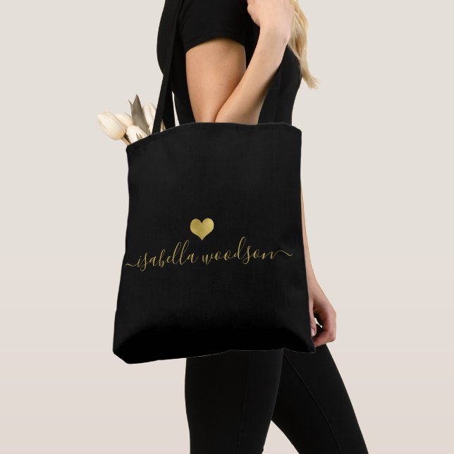 Modern Gold Heart Script Name  Tote Bag (Close Up)