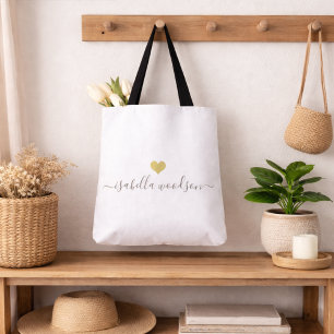 Modern Gold Heart Script Name  Tote Bag