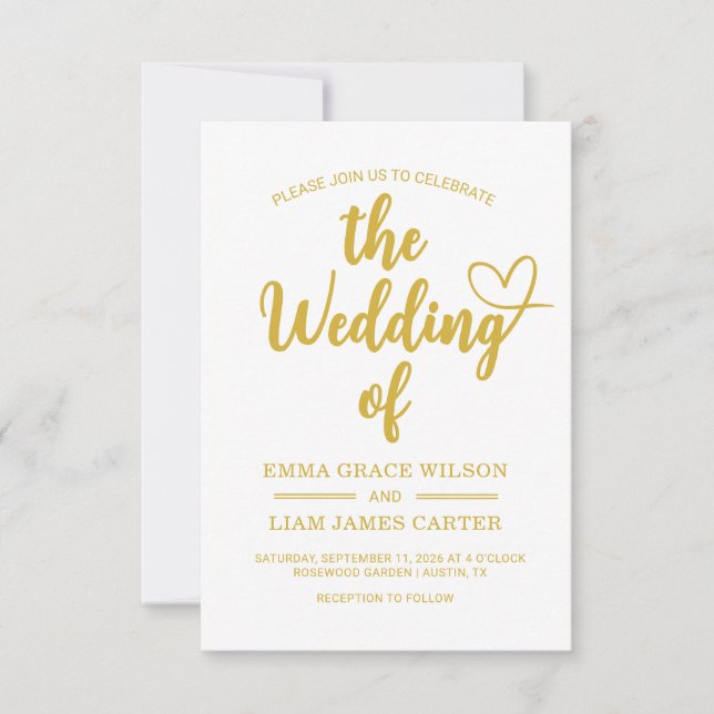 Modern Gold Heart Script Wedding Invitation (Front)