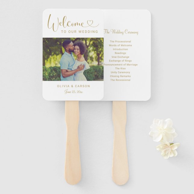 Modern Gold Heart Script Wedding Photo Ceremony Hand Fan (Front and Back)