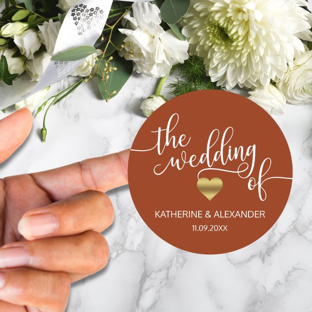 Modern Gold Heart Terracotta THE WEDDING OF Classic Round Sticker (Creator Uploaded)