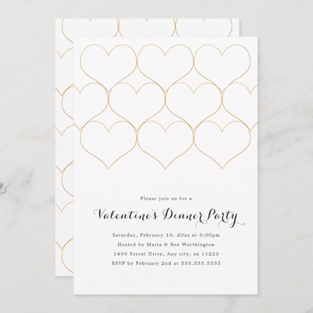 Modern Gold Hearts Valentine's Day Dinner Party Invitation (Front/Back)