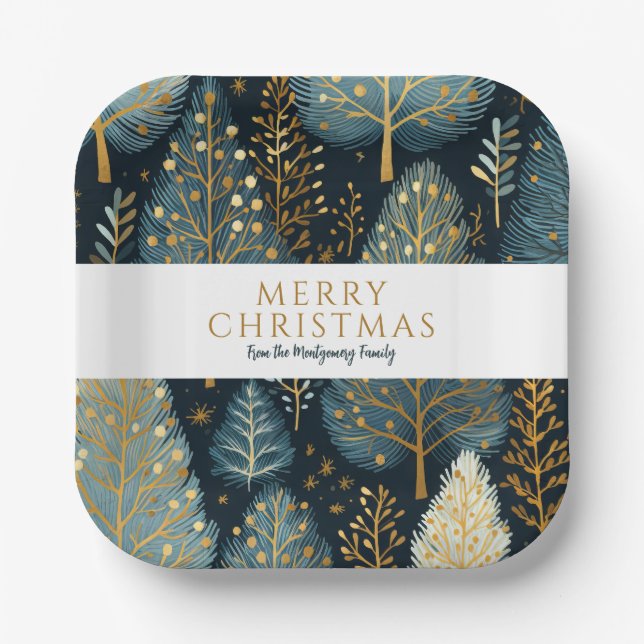 Modern Gold Holiday Forest Personalized Christmas Paper Plate (Front)