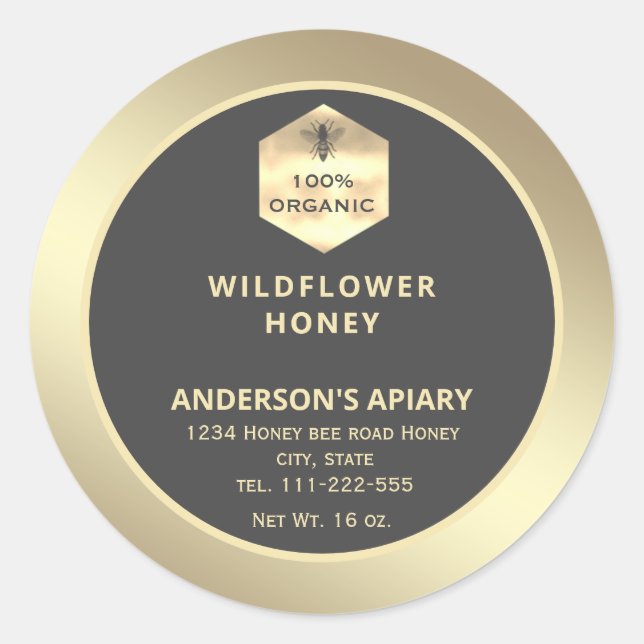 Modern gold  honeybee honey jar label (Front)