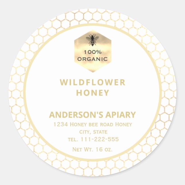 Modern gold  honeybee honey jar label (Front)