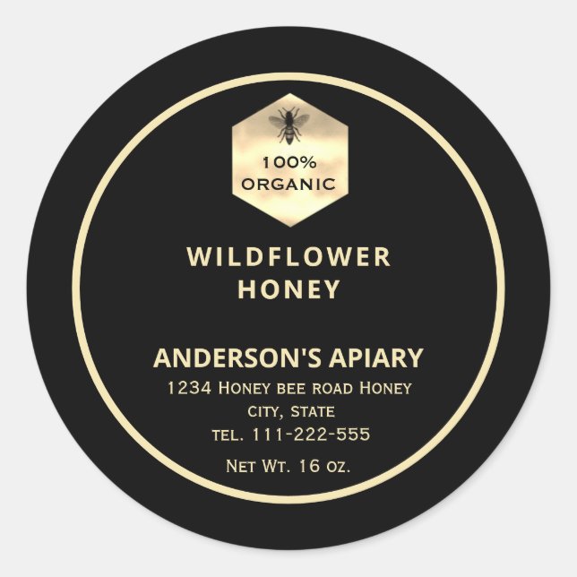 Modern gold  honeybee honey jar label (Front)