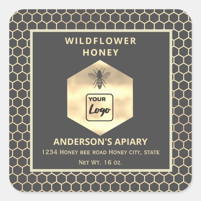 Modern gold  honeycomb honey jar label logo (Front)