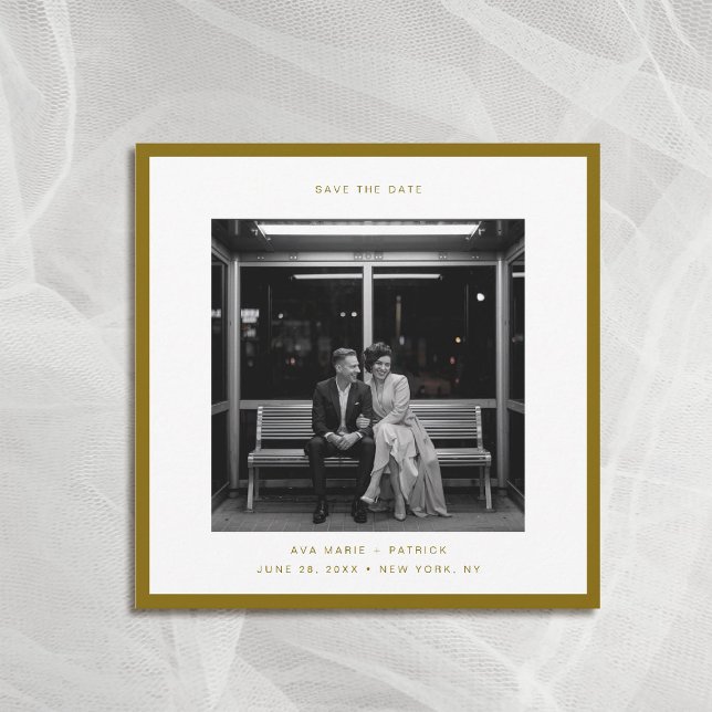 Modern Gold Hue Frame Typography Wedding Save Date Invitation (wedding photo save the date square gold hue frame modern minimalist contemporary typography)