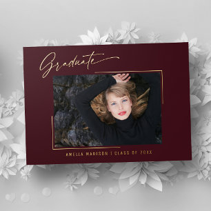 Modern Gold Ink Script Burgundy Photo Grad Card