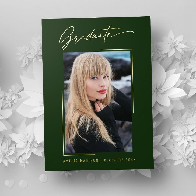 Modern Gold Ink Script Emerald Grad Photo Card (Creator Uploaded)
