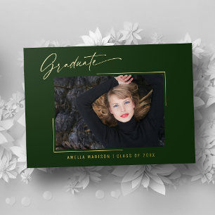 Modern Gold Ink Script Emerald Photo Grad Card