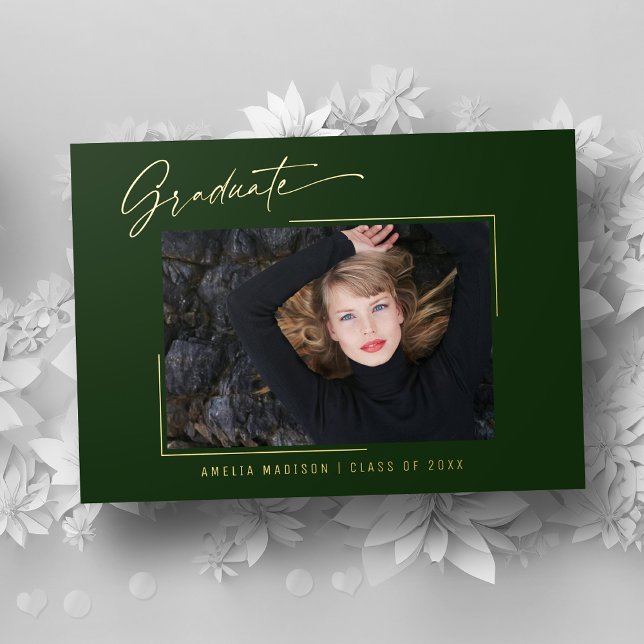 Modern Gold Ink Script Emerald Photo Grad Card (Creator Uploaded)