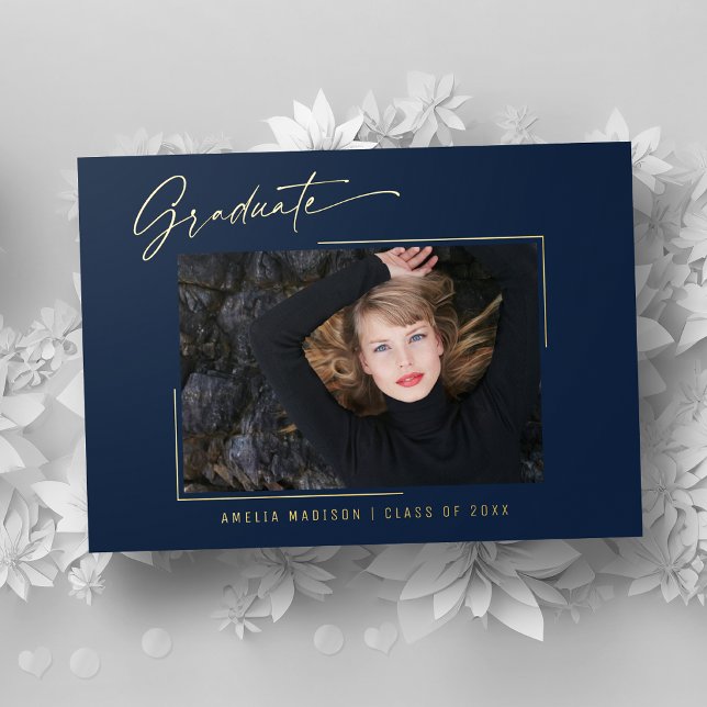 Modern Gold Ink Script Navy Blue Photo Grad Card (Creator Uploaded)