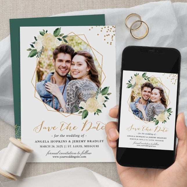Modern Gold Ivory Green Floral Photo Save the Date (Creator Uploaded)