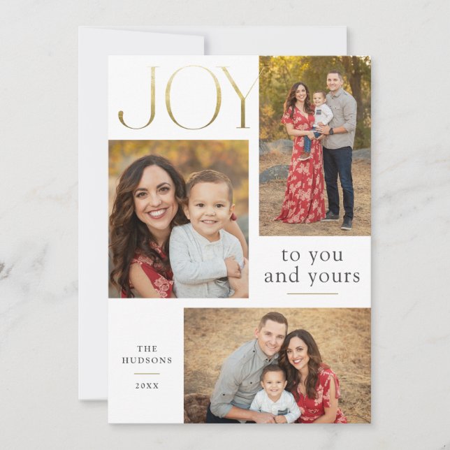 Modern Gold Joy Calligraphy Multi-Photo Flat Holiday Card (Front)