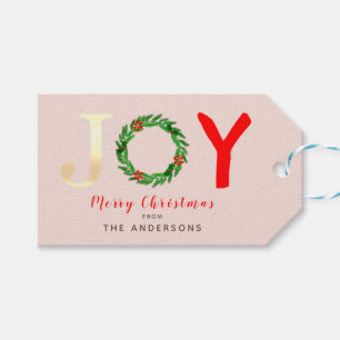 Modern Gold Joy Festive Holly Wreath Light Pink Gift Tags