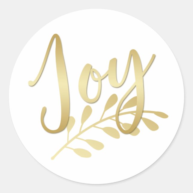 Modern Gold Joy w/ Laurel Leaf White Holiday Classic Round Sticker (Front)