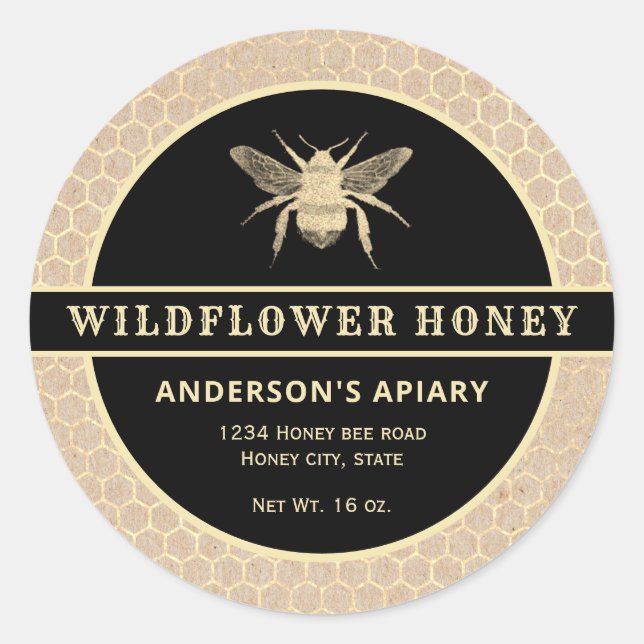 Modern gold kraft  honeybee honey jar label (Front)