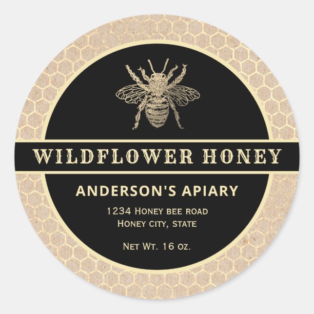 Modern gold kraft  honeybee honey jar label (Front)