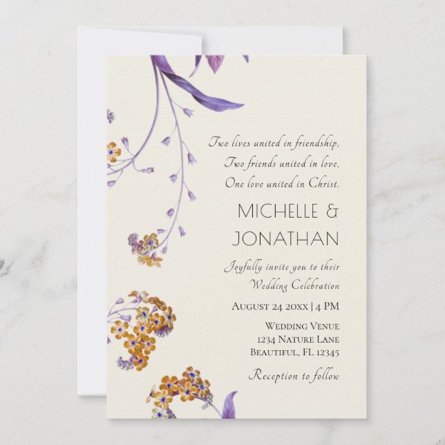 Modern Gold Lavender Floral Christian Wedding Invitation (Front)